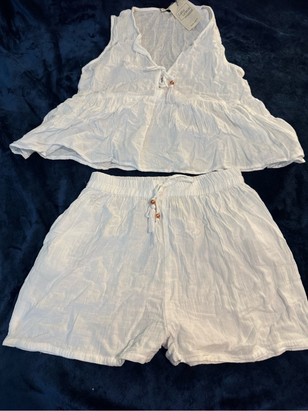White Two-Piece Linen Set - Lightweight Top & Elastic Shorts Salty Lemon Size L